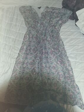 Cap-Sleeve Paisley Midi Dress in Pink and Mint
